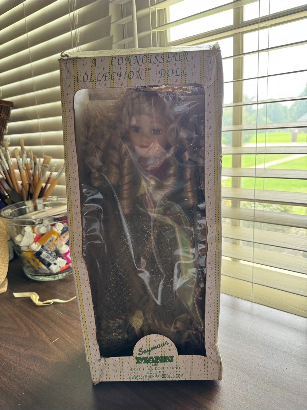 Seymour Mann Connoisseur Collection Porcelain Doll - Blonde Curls, Green Dress